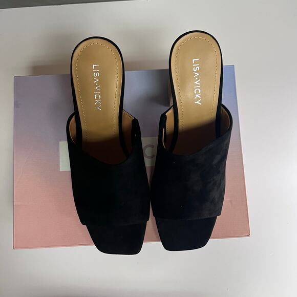 Lisa Vicky Virtue-V Black Kid Suede Heeled Mules 7.5 NWB - Picture 1 of 6